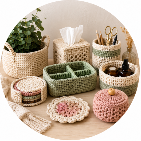 Discover cozy Home Decor Patterns PDF downloads for crochet lovers. Explore crochet baskets, coasters, organizers, table decor, and modern handmade home accessories with instant digital download access.