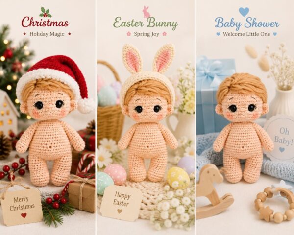 Cute Crochet Dolls Pattern PDF | Baby Doll, Cocoon, Bunny Toy & Blanket Set | Amigurumi Baby Doll Tutorial