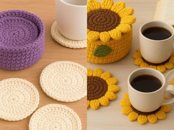 Easy Crochet Pattern Bundle PDF | Beginner Coaster Holder & Sunflower Basket Set
