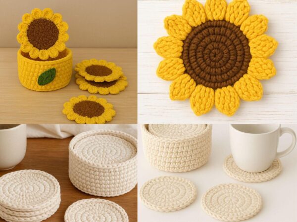 Easy Crochet Pattern Bundle PDF | Beginner Coaster Holder & Sunflower Basket Set