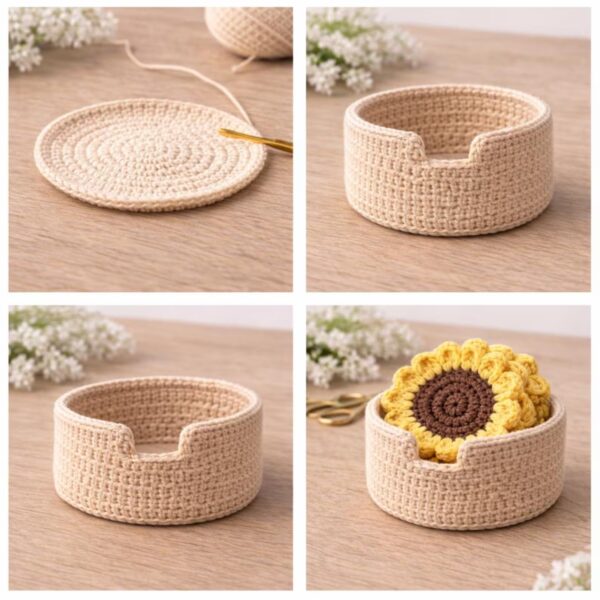 Sunflower Coaster Crochet Pattern PDF | Flower Coaster Set with Holder | Beginner Friendly  | Instant Download