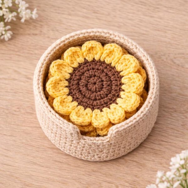 Sunflower Coaster Crochet Pattern PDF | Flower Coaster Set with Holder | Beginner Friendly  | Instant Download