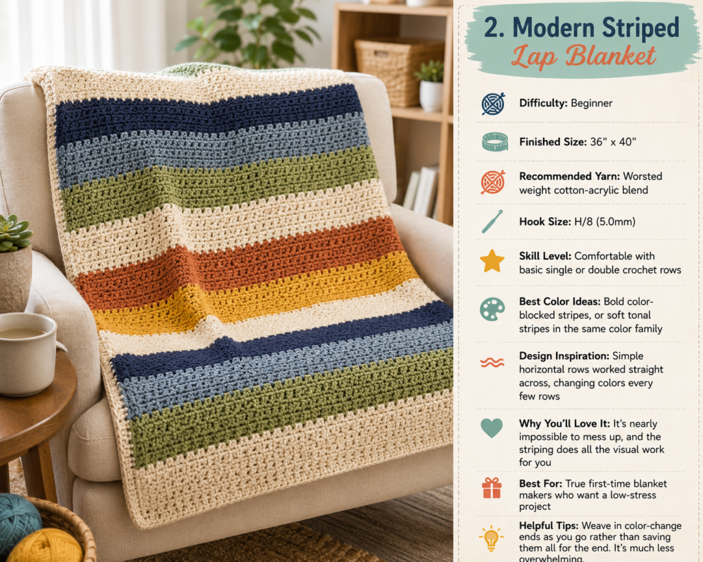 Modern striped crochet lap blanket for beginners