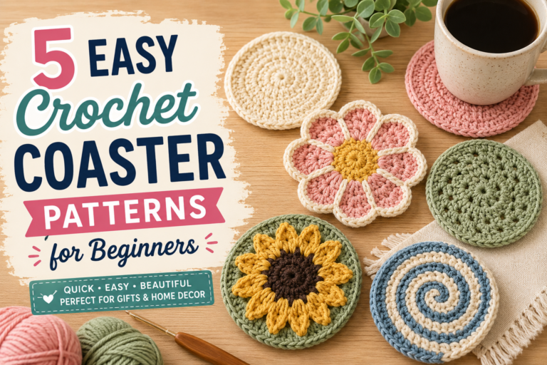 Crochet coaster patterns for beginners featuring five easy handmade coaster designs