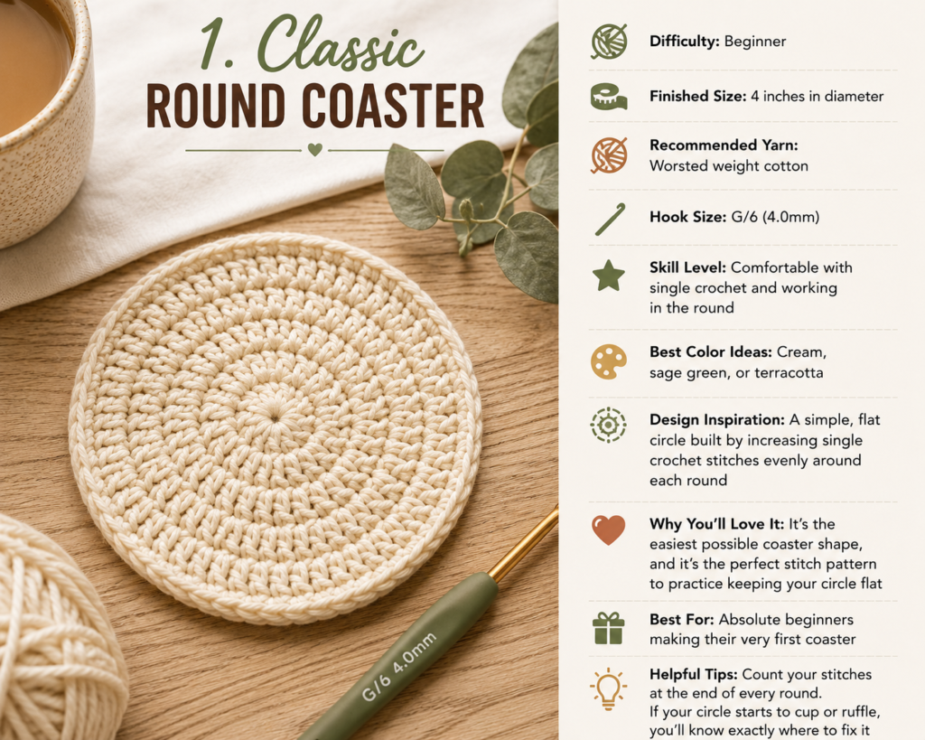 Classic round crochet coaster pattern made with cotton yarn