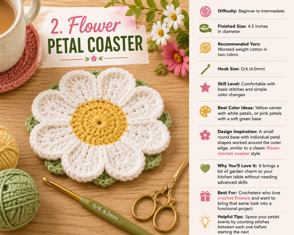 Flower petal crochet coaster pattern with colorful petals