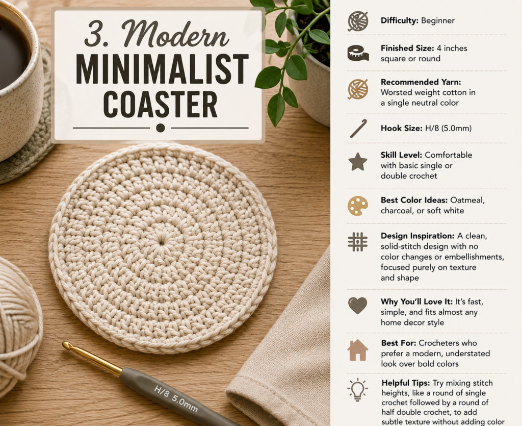 Modern minimalist crochet coaster in neutral cotton yarn