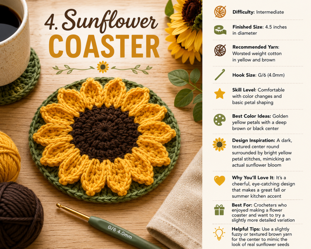 Handmade sunflower crochet coaster with yellow petals and brown center