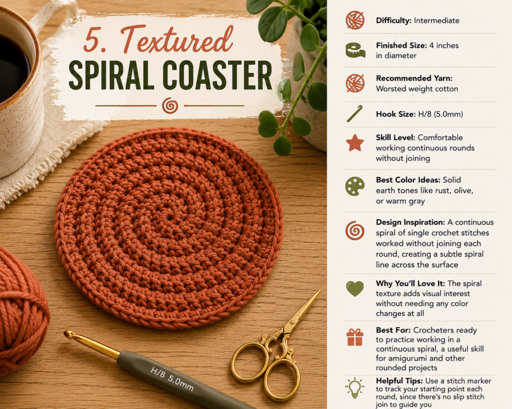 Textured spiral crochet coaster made in continuous rounds