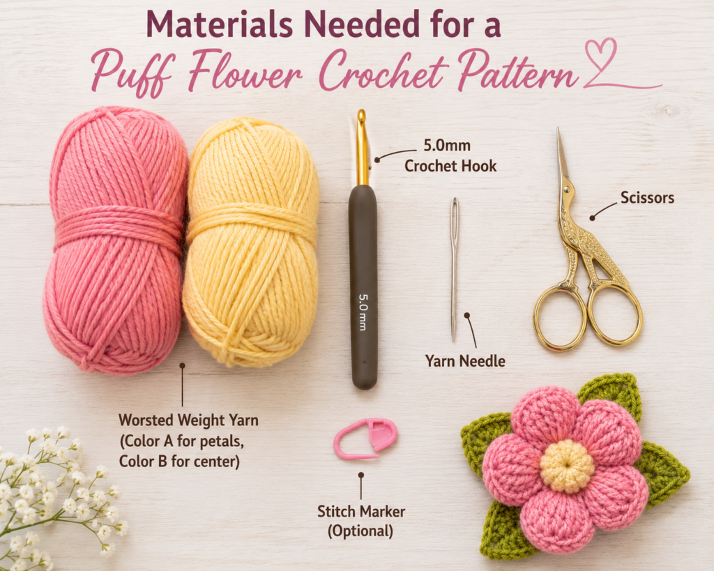 Yarn and hook used for a puff flower crochet pattern