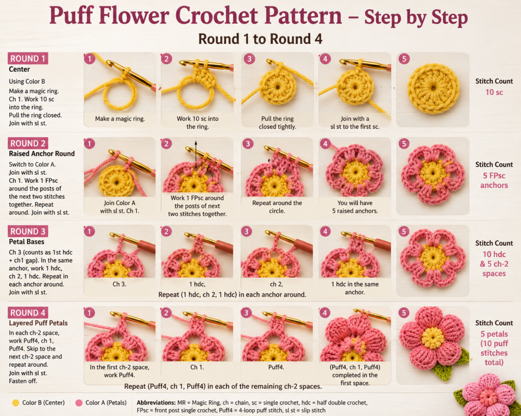 Front post stitches in Round 2 of a puff flower crochet pattern