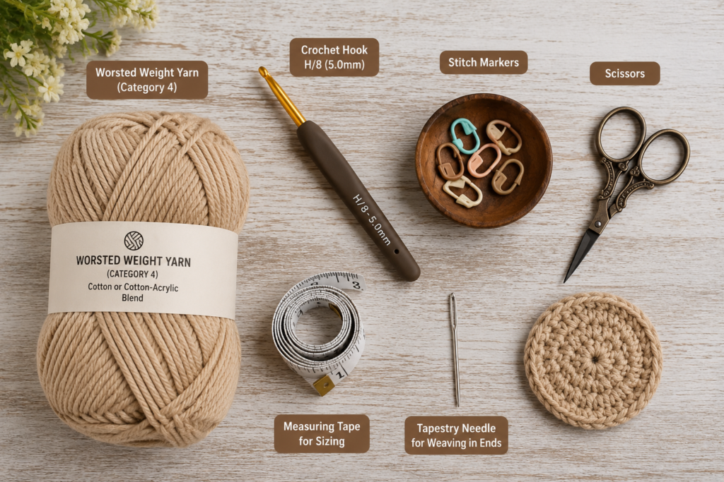 Materials needed for an easy crochet cowboy hat pattern