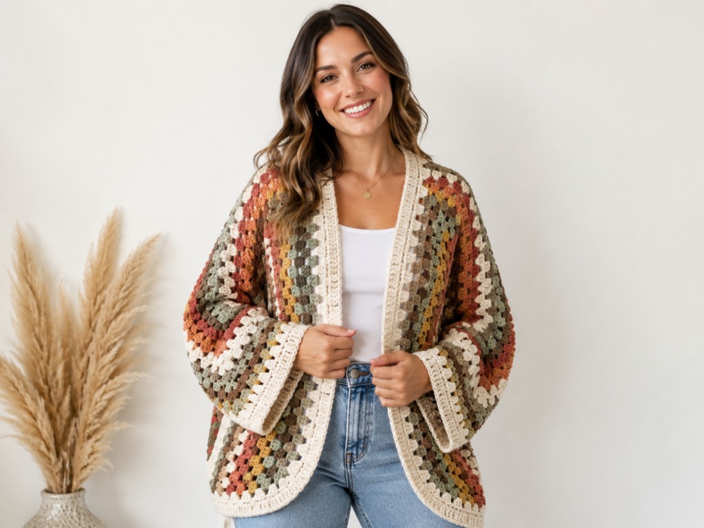 Hexagon sweater crochet pattern finished cardigan laid flat