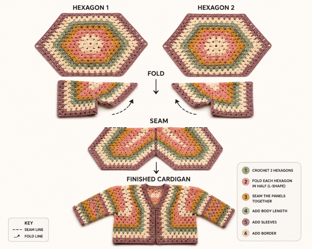 Granny hexagon motif for crochet cardigan pattern in progress