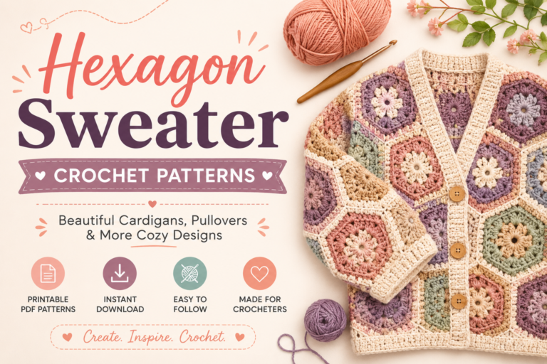 Hexagon Sweater Crochet Patterns featuring colorful granny hexagon cardigans, crochet yarn, and hook on a soft pastel background.