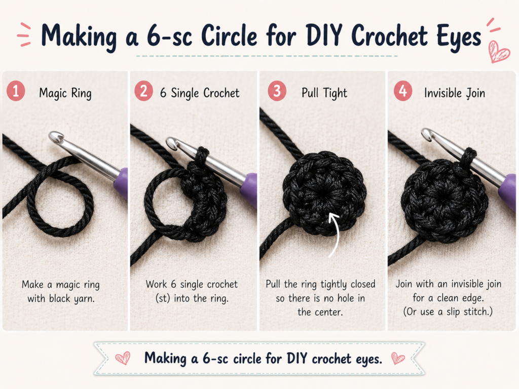 Crochet eyes for amigurumi free pattern with handmade yarn eyes on cute crochet animals.
