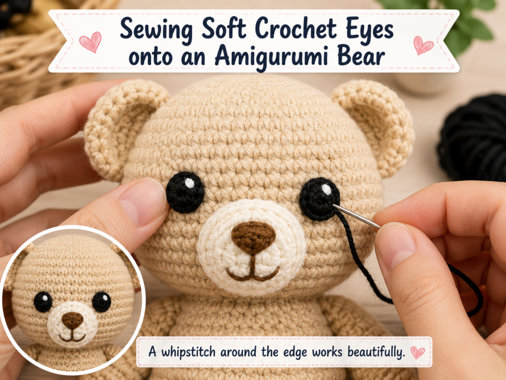Crochet eyes for amigurumi free pattern with handmade yarn eyes on cute crochet animals.
