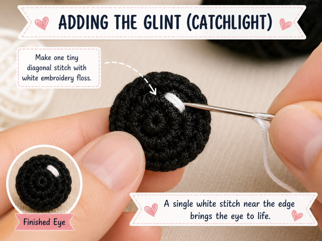 Crochet eyes for amigurumi free pattern with handmade yarn eyes on cute crochet animals.