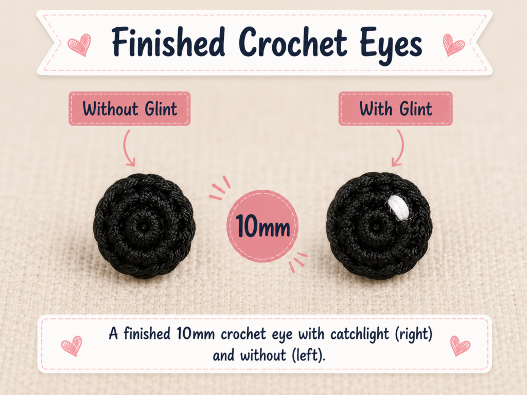 Crochet eyes for amigurumi free pattern with handmade yarn eyes on cute crochet animals.