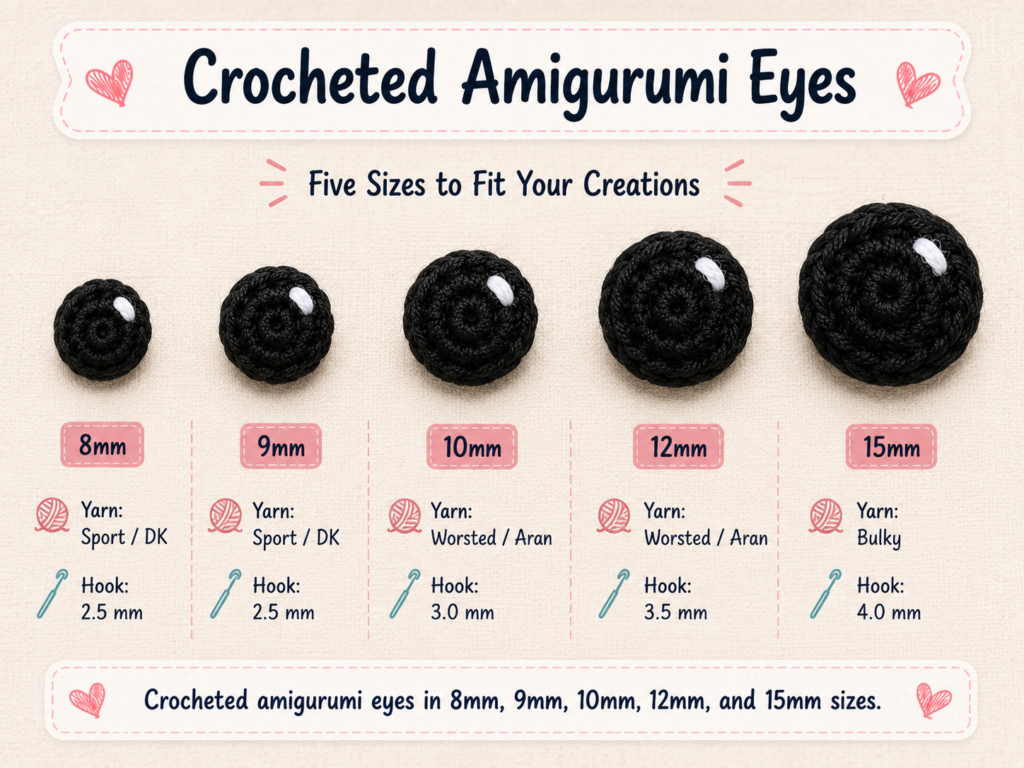 Crochet eyes for amigurumi free pattern with handmade yarn eyes on cute crochet animals.