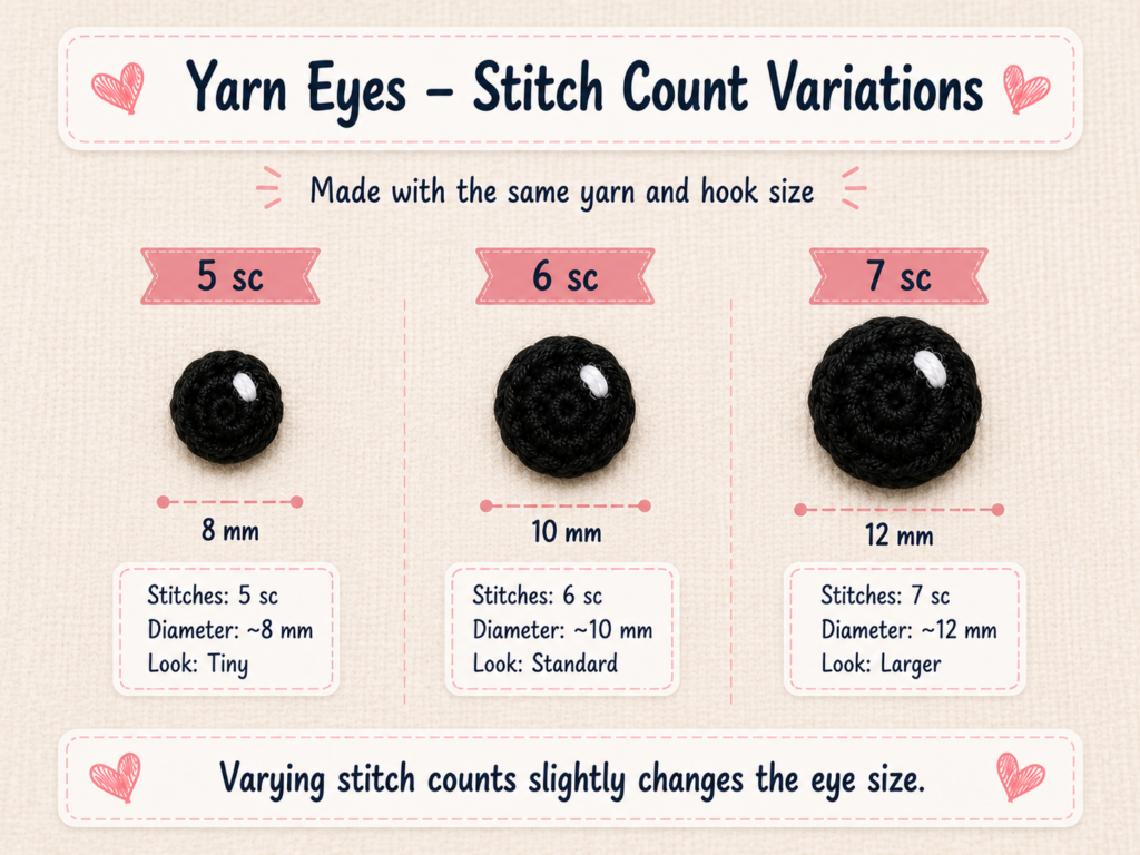Crochet eyes for amigurumi free pattern with handmade yarn eyes on cute crochet animals.