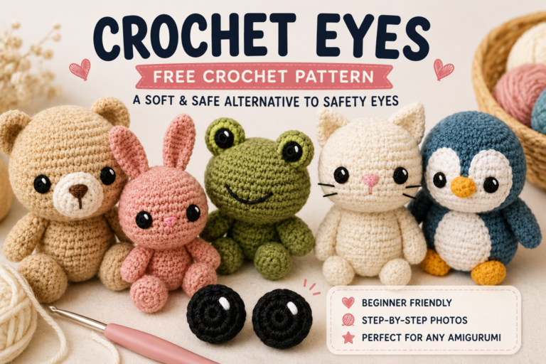 Crochet eyes for amigurumi free pattern with handmade yarn eyes on cute crochet animals.