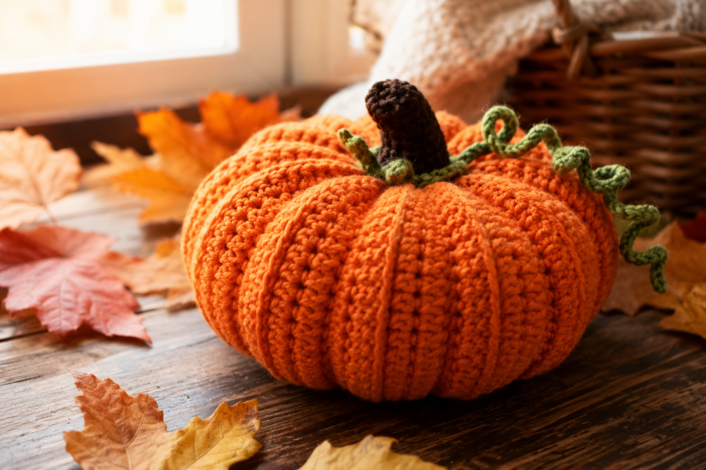 Classic ribbed crochet pumpkin free pattern in orange yarn with a brown stem