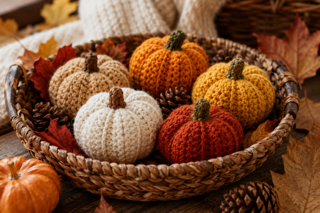 Mini crochet pumpkin free patterns in colorful autumn yarn for fall décor