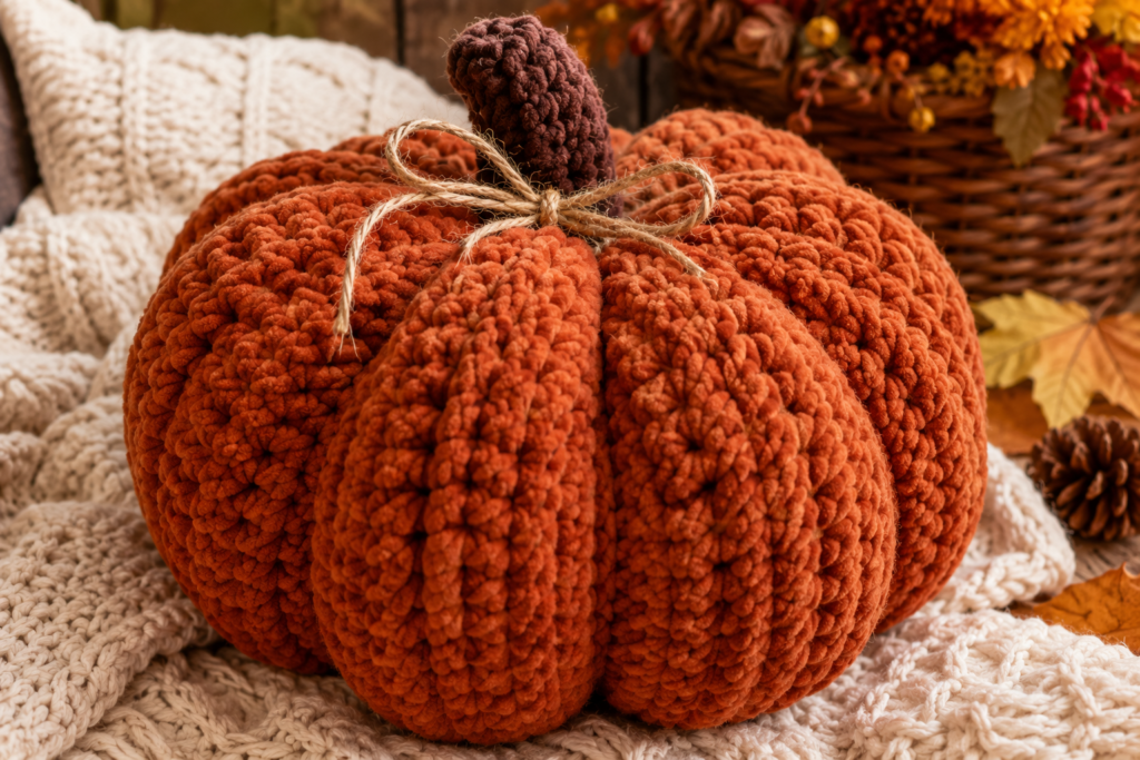 Chunky crochet pumpkin free pattern made with thick rust orange yarn