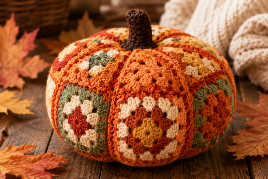 Granny square crochet pumpkin free pattern in colorful autumn yarn
