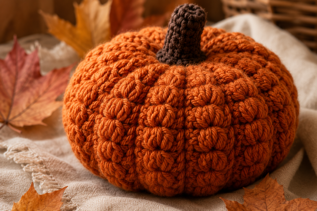 Textured puff stitch crochet pumpkin free pattern with raised yarn stitches
