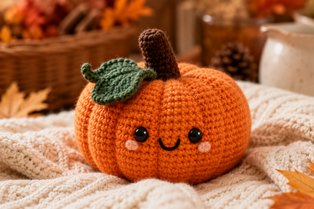 Cute amigurumi crochet pumpkin free pattern with a smiling face