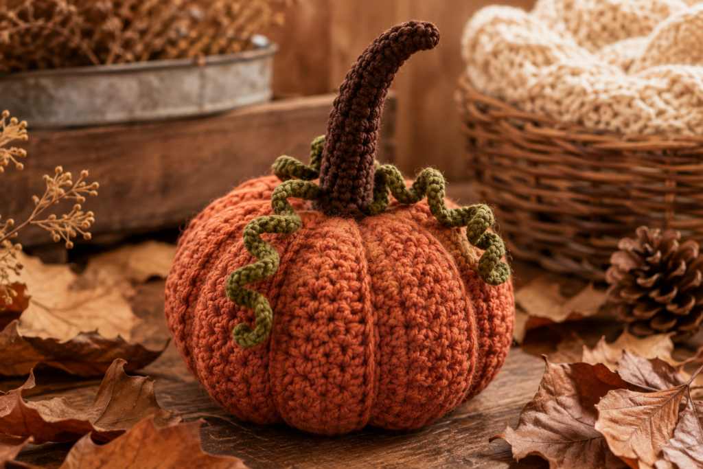 Rustic crochet pumpkin free pattern with a long stem and curly vine