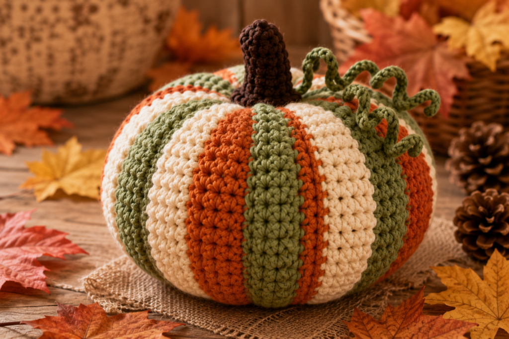 Striped crochet pumpkin free pattern in orange cream and green colors