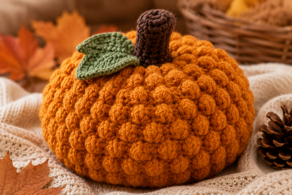 Bobble stitch crochet pumpkin free pattern with textured handmade details