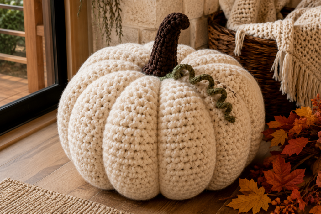 Giant crochet pumpkin free pattern made with chunky cream yarn for fall décor