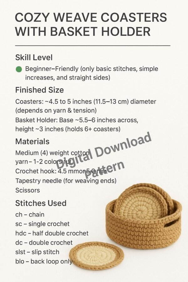 Crochet Coaster Pattern PDF, Round Coasters & Basket Holder, Beginner Crochet Pattern, Modern Home Decor
