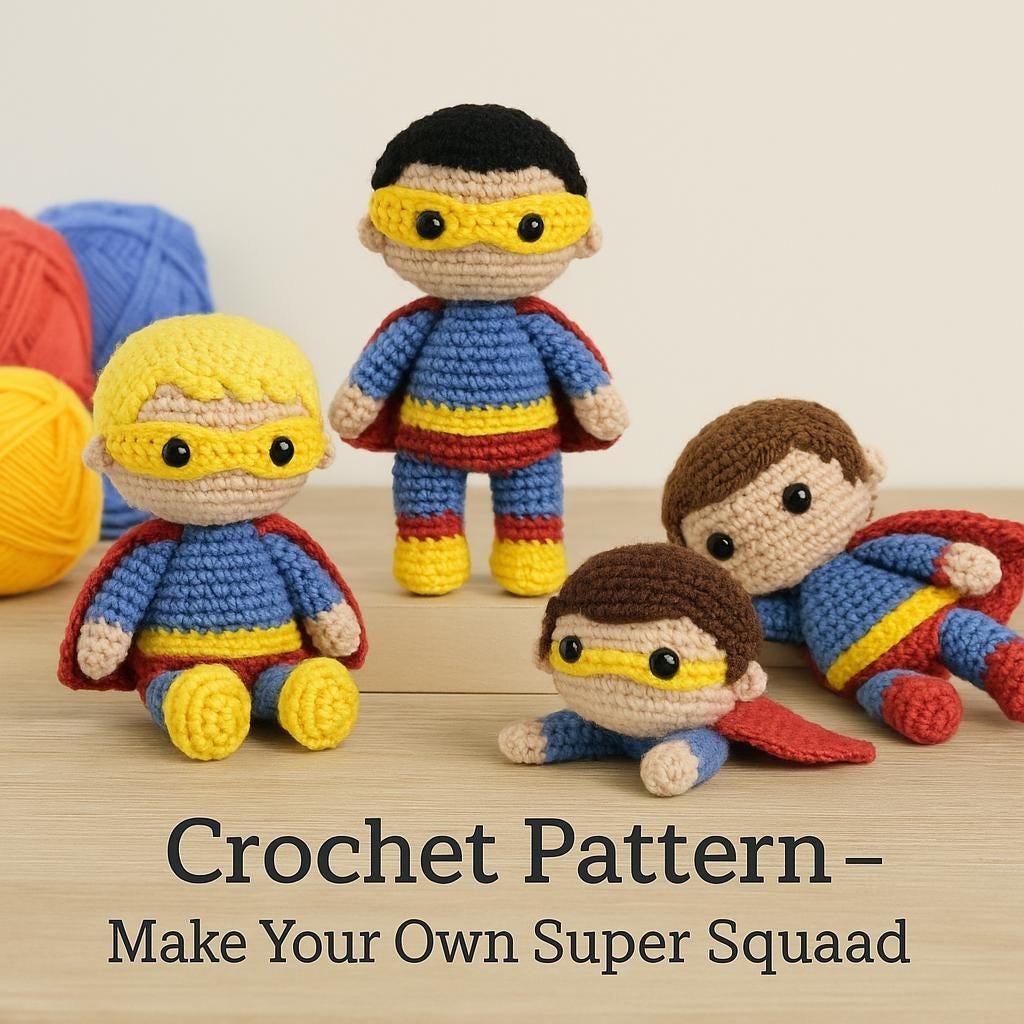 Superhero doll crochet pattern, amigurumi PDF tutorial, easy printable pattern