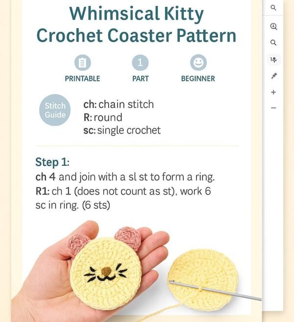 Crochet Cat Coaster Pattern, Beginner Friendly Kitty Mug Rug (PDF Download)