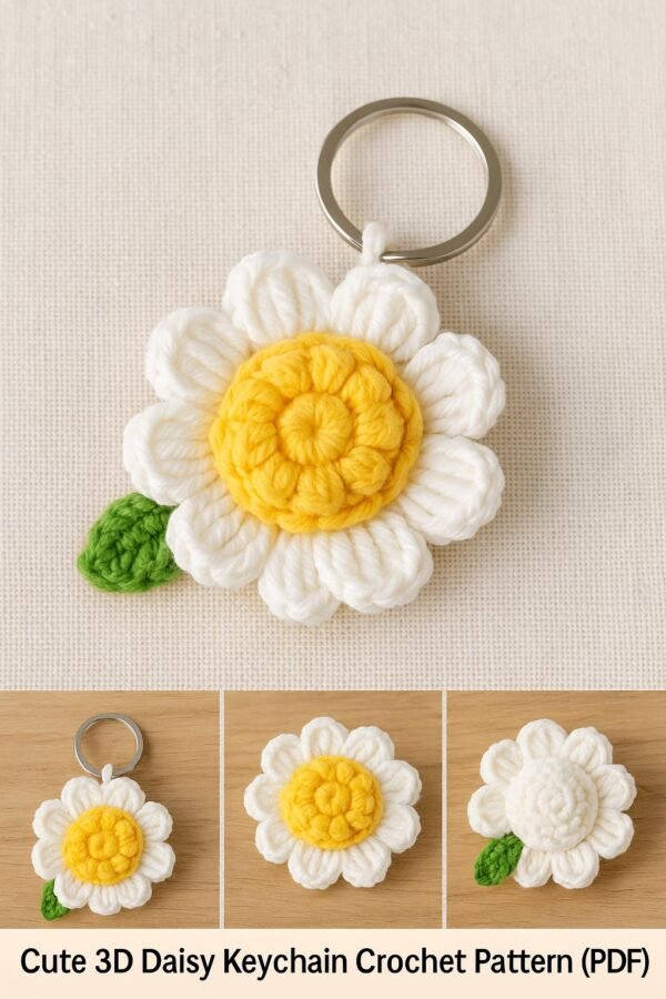 3D Daisy Keychain Crochet Pattern | Puff Stitch Flower PDF | Easy Crochet Gift Tutorial