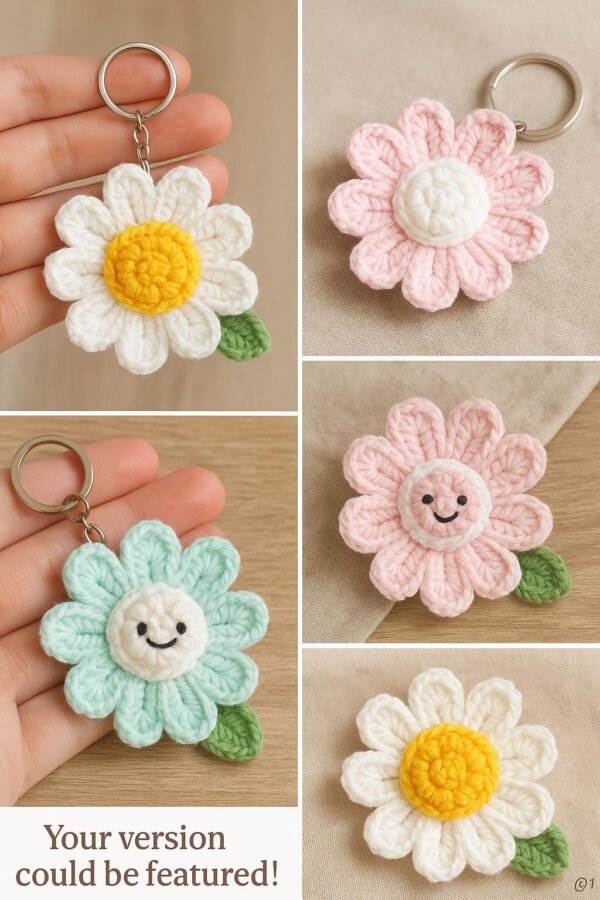 3D Daisy Keychain Crochet Pattern | Puff Stitch Flower PDF | Easy Crochet Gift Tutorial