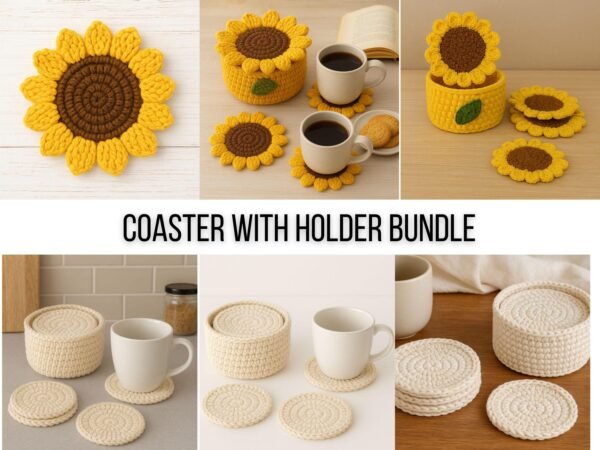 Sunflower Coaster Holder Basket Crochet Pattern Bundle (Digital Download)