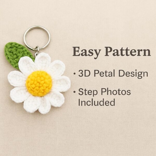 3D Daisy Keychain Crochet Pattern | Puff Stitch Flower PDF | Easy Crochet Gift Tutorial