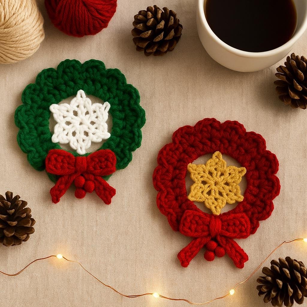 Crochet Christmas Wreath Coaster Pattern | Snowflake Coaster