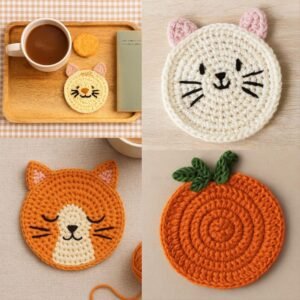 Crochet Coaster Pattern Bundle | 2 Easy PDF Patterns – Cat & Pumpkin Coaster Set