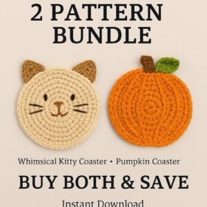 Crochet Coaster Pattern Bundle | 2 Easy PDF Patterns – Cat & Pumpkin Coaster Set