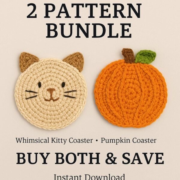 il_fullxfull.7387732419_f2x1.jpg Crochet Coaster Pattern Bundle | 2 Easy PDF Patterns – Cat & Pumpkin Coaster Set