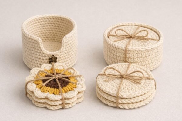 Crochet Coaster & Holder Bundle Pattern | Sunflower Coasters + Minimal Round Coasters | Beginner Friendly PDF Download