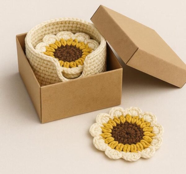 Crochet Coaster & Holder Bundle Pattern | Sunflower Coasters + Minimal Round Coasters | Beginner Friendly PDF Download