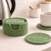 Green Crochet Coaster Set with Holder Pattern – Beginner Friendly Round Coasters + Finger Hole Holder